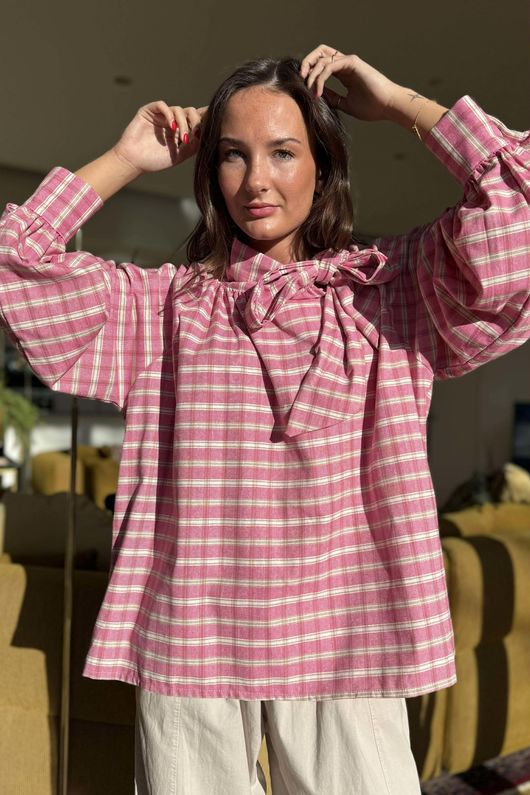 Ophelia Plaid Tie Neck Blouse Peony /15=